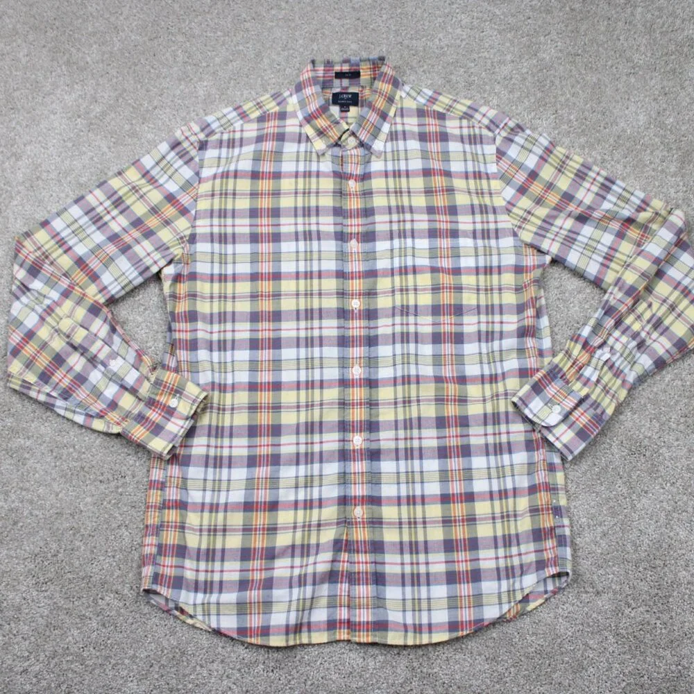 J Crew Summer Plaid Shirt Mens Medium Red/Blue/Yellow Slim Fit Cotton L/S Button